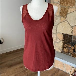 Dark red curved hem tank with sheer detailing